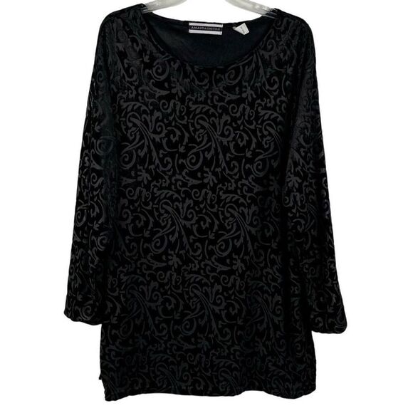 Amanda Smith Black Textured Paisley Velvet 2X Blouse - Picture 1 of 8